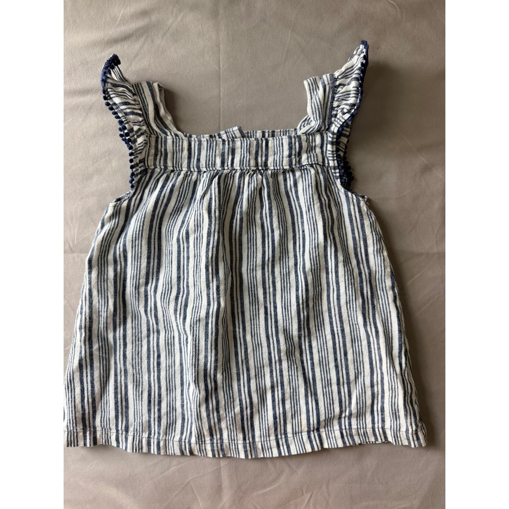 Carters Toddler Girls 5T Navy Blue White Striped Flutter Sleeve Pom Pom Top